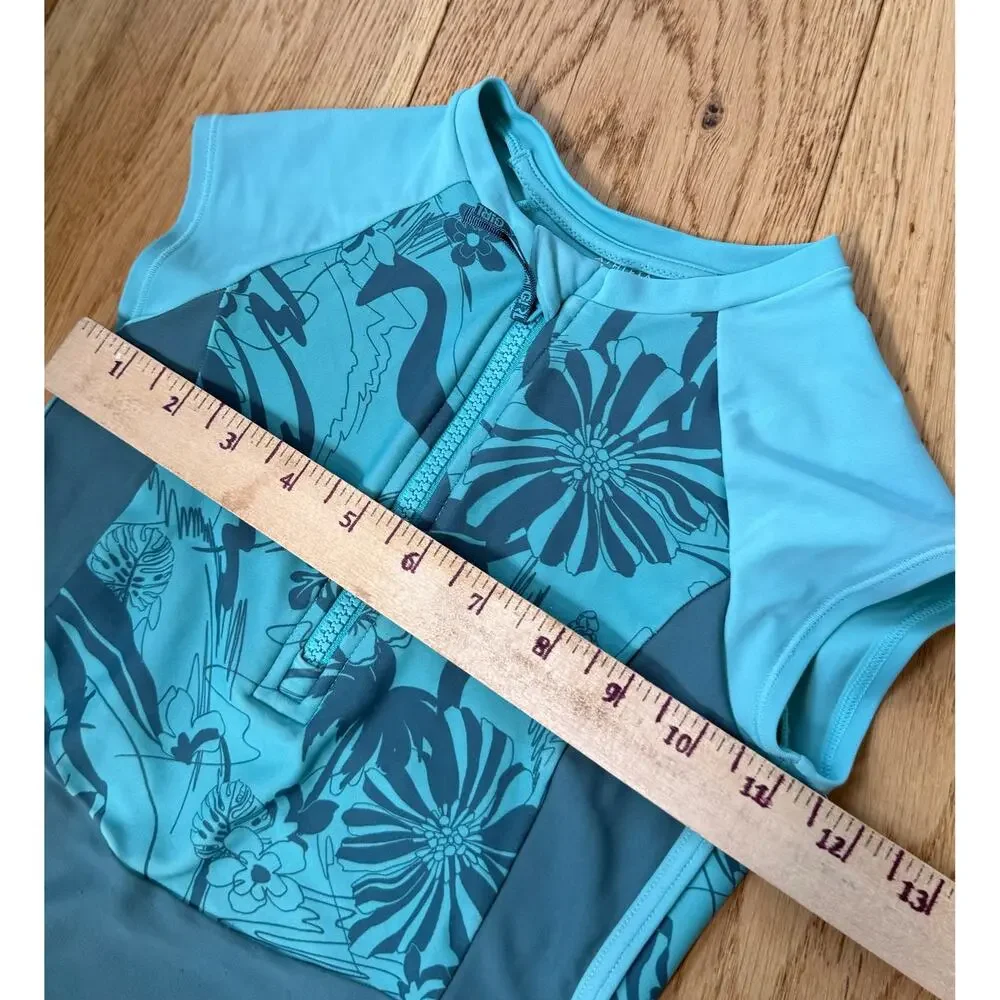 Athleta Girl One Piece Rash Guard Swimsuit XS 6 Blue Floral Zip Front UPF Beach
